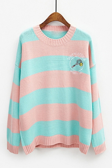 Badminton Letter Printed Classic Striped Crewneck Long Sleeve Sweater