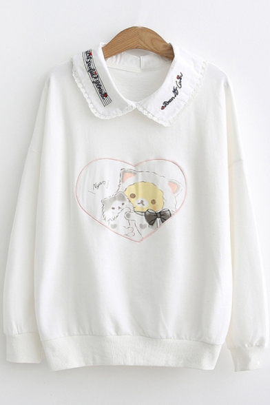 Bear Heart Printed Long Sleeve Peter-Pan Collar Sweatshirt for Juniors