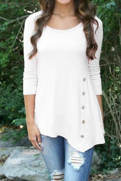 Button Embellished Side Long Sleeve Round Neck Solid Asymmetric Hem Loose T-Shirt