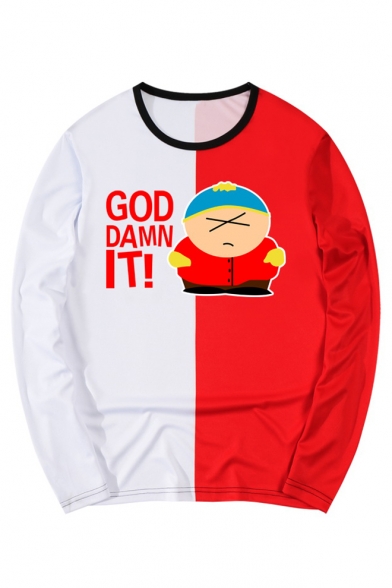 Cartoon GOD DAMN IT Printed Fashion Colorblock Long Sleeve Round Neck T-Shirt