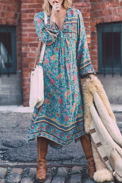 TOP-VIGOR Womens Casual Boho Dresses for Women Bohemian Long Sleeve Floral Print Retro Neck Tie Beach Style Long Midi Dress