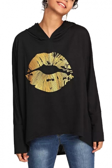 Chic Gold Stamping Lip Patched Long Sleeve High Low Hem Loose Fitted Black Hoodie