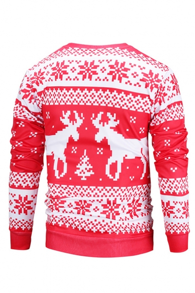 Christmas Snowflake Elk Printed Crewneck Long Sleeve Regular Fitted Red Sweatshirt