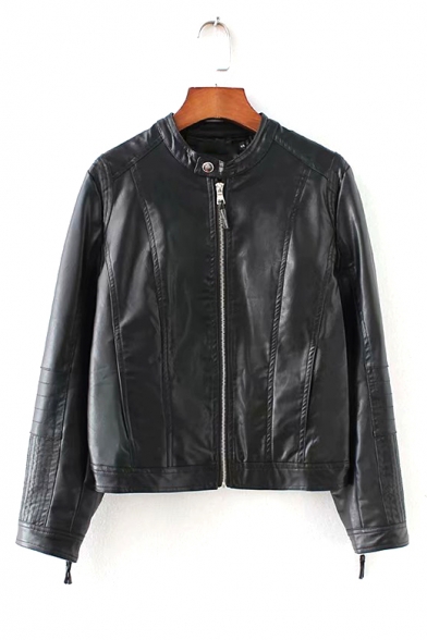 Classic Black Zip Embellished Cuff Stand Collar Long Sleeve Zip Up PU Biker Jacket