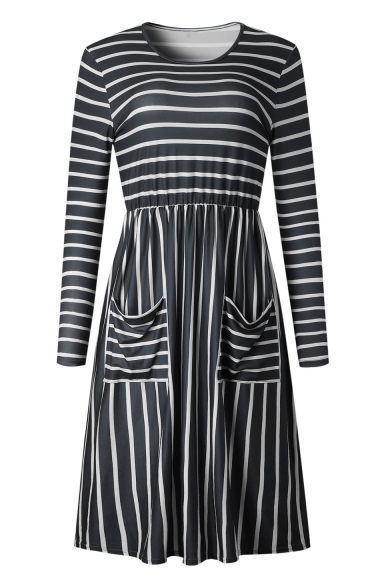 Classic Long Sleeve Striped Pattern Round Neck Elastic Wist Midi T-Shirt Dress with Pockets