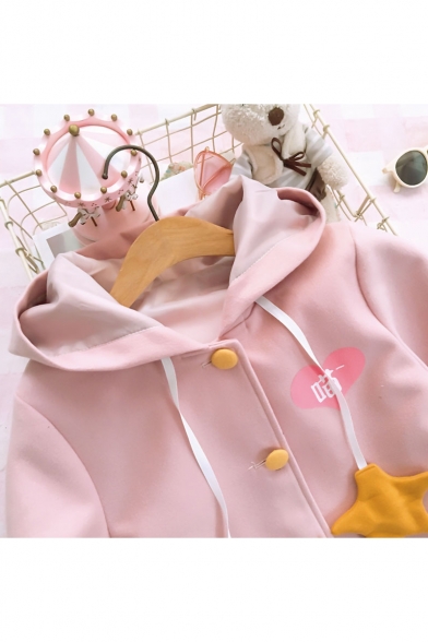 Cute Cartoon Cat Printed Long Sleeve Single Breasted Hooded Woolen Coat for Girls