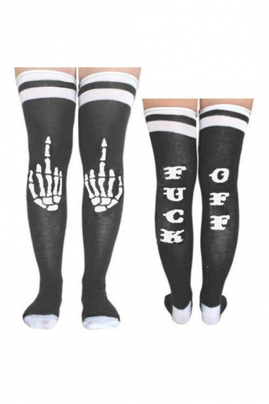 Fashion Skull Letter FUCK OFF Printed Striped Trim Over Knee Stockings