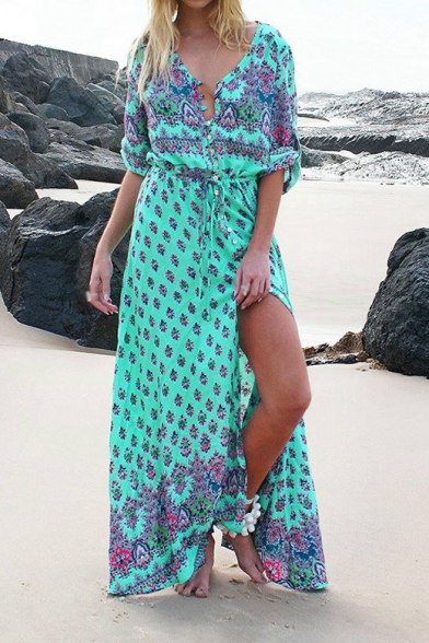 Hot Fashion Bohemian Style Tribal Printed Maxi Beach Dress for Holiday