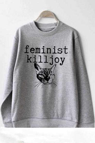 Hot Fashion Letter FEMINIST KILL JOY Cat Print Crewneck Long Sleeve Gray Sweatshirt