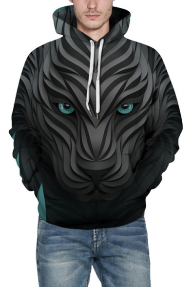 Winter's New Arrival 3D Lion Printed Black Long Sleeve Hoodie for Couple