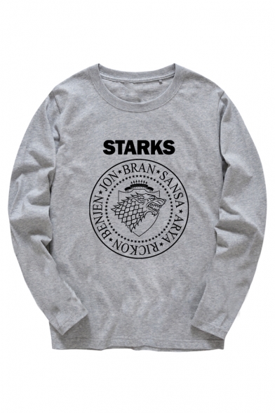 Letter STARKS Printed Long Sleeve Crewneck Fitted Cotton Top