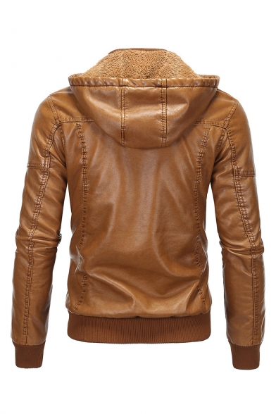Men's Classic Stand Collar Hooded Long Sleeve Zip Up Slim Brown Faux Leather Jacket