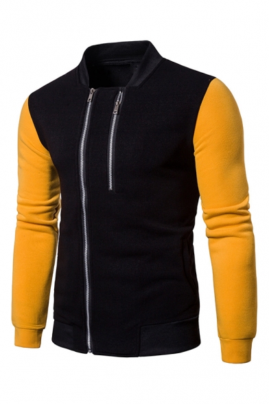 New Fashion Stand Collar Color Block Long Sleeve Double Zip Closure Fitted Sweatshirt