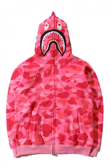 

New Trendy Camouflage Pattern Shark Hooded Long Sleeve Zip Up Hoodie, Blue;green;red;purple;dark gray, LC491906