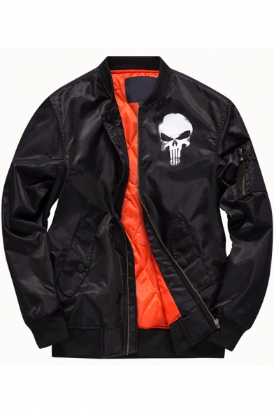 Trendy Skull Logo Printed Long Sleeve Stand Collar Zip Up Bomber Jacket for Juniors