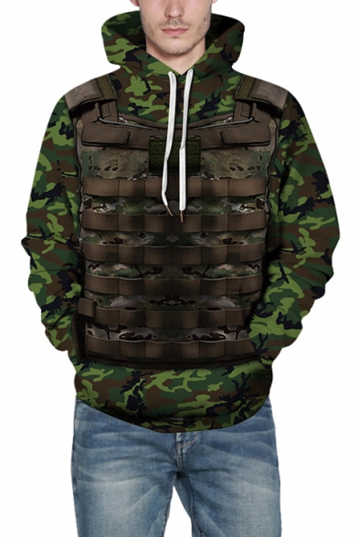 Unique 3D Armour Vest Camo Pattern Long Sleeve Unisex Green Hoodie