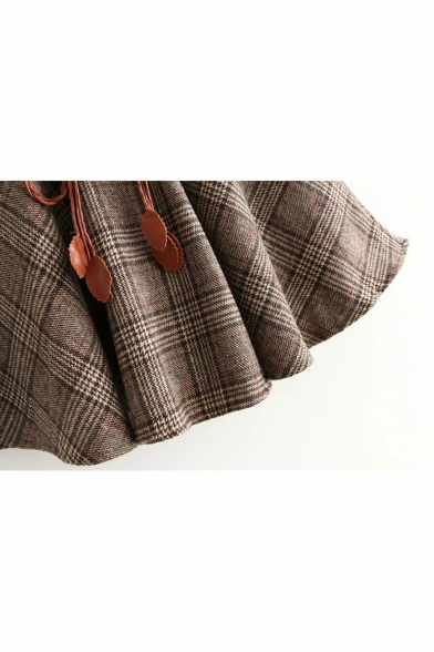 Vintage Khaki Check Pattern Elastic Waist Tied Waist Mini A-Line Skirt