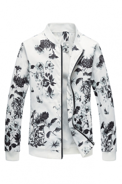 White Floral Pattern Stand Collar Long Sleeve Zip Placket Regular Fit Jacket