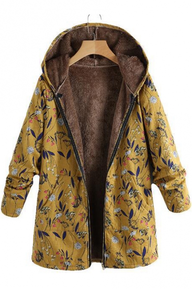 Winter's Chic Floral Printed Long Sleeve Hooded Zip Up Cotton-Padded Coat