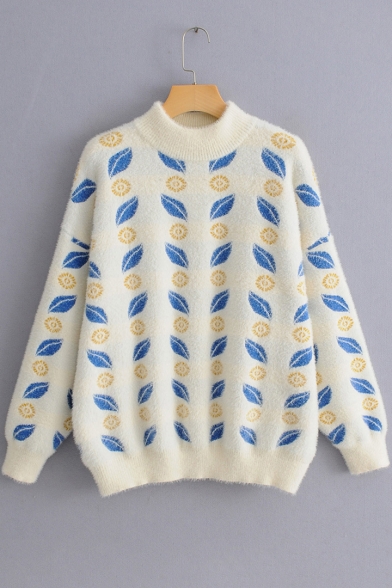 Winter's Fashion Pattern Mock Neck Long Sleeve Faux Mink Hair Pullover Sweater