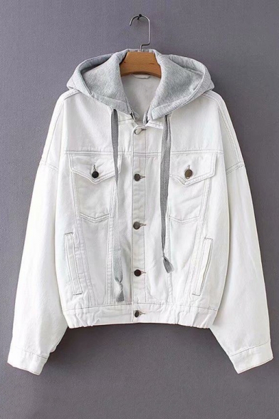 Winter's Long Sleeve Detachable Gray Hood Button Down White Denim Coat