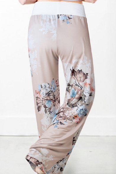 Women's Fancy Floral Pattern Tied Waist Loose Fitted Casual Pants for Women