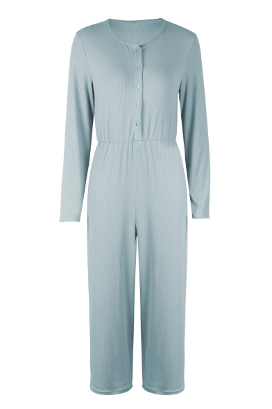 Casual Leisure Long Sleeve Button Front V Neck Solid Wide Legs Jumpsuits