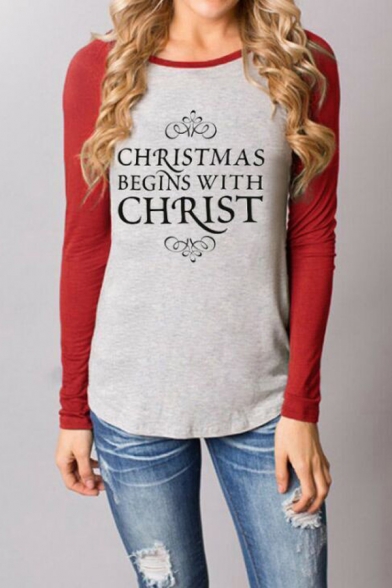 Christmas Fashion Letter Color Block Long Sleeve Round Neck Fitted T-Shirt