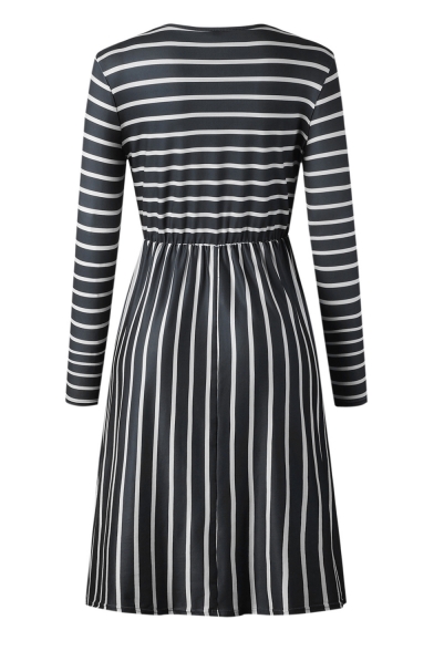 Classic Long Sleeve Striped Pattern Round Neck Elastic Wist Midi T-Shirt Dress with Pockets