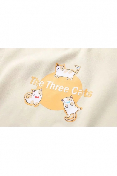 Cute Cartoon Cat Letter THE THREE CATS Printed Long Sleeve Round Neck Sweatshirt