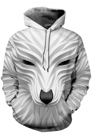 Fashionable Digital 3D Animal Printed Long Sleeve Unisex White Loose Hoodie