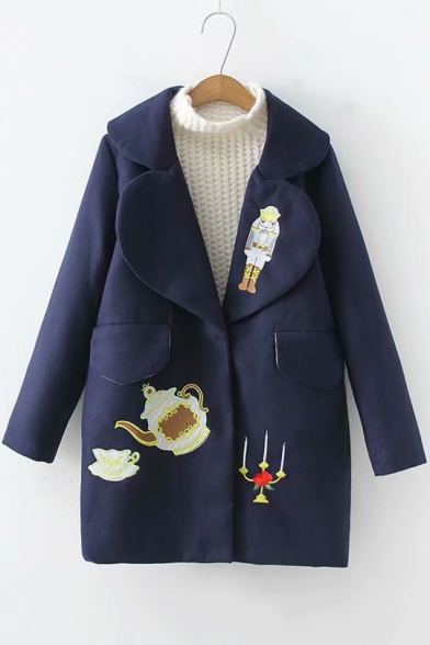 

Funny Teapot Candle Holder Print Long Sleeve Button Down Woolen Coat, Green;pink;navy