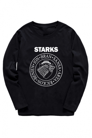 Letter STARKS Printed Long Sleeve Crewneck Fitted Cotton Top