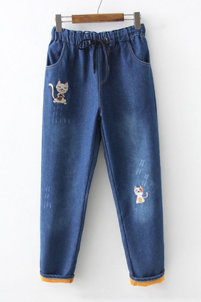 Lovely Cartoon Cat Embroidered Drawstring Elastic Waist Winter's Jeans