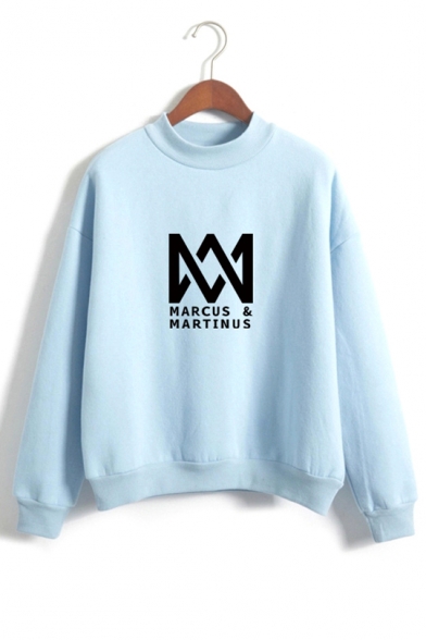 Mock Neck Long Sleeve Fashion Letter Printed Pullover Loose Casual Sweatshirt