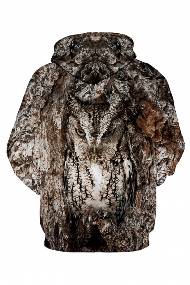 New Trendy Digital Animal Night Owl Pattern Unisex Loose Fitted Khaki Hoodie