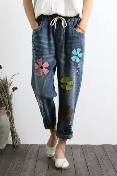 Trendy Floral Embroidered Elastic Drawstring Waist Casual Jeans