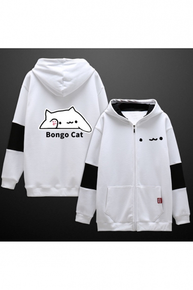 Trendy Letter BONGO CAT Cartoon Printed Color Block Zip Up Black and White Cotton Hoodie