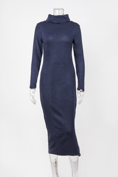Winter's Long Sleeve Turtleneck Split Side Solid Maxi Bodycon Sweater Dress for Women