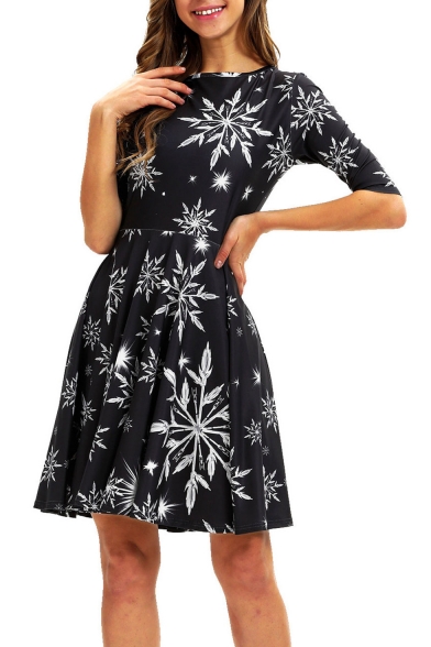 Women's Chic Half Sleeve Snowflake Printed Black Midi A-Line Pleated Dress