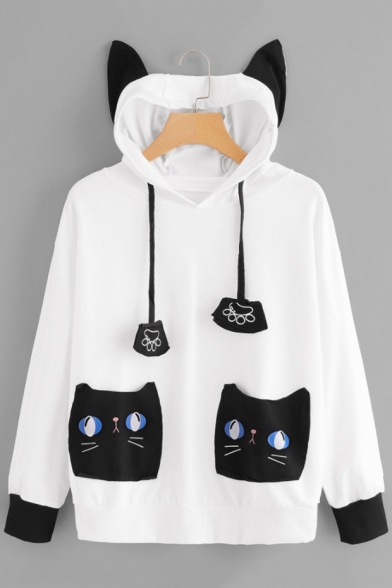 Cartoon Cat Print Pocket Long Sleeve Black and White Color Block Cat Ear Hoodie