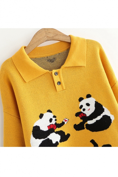 Cartoon Funny Panda Print Polo Collar Button Front Long Sleeve Sweater