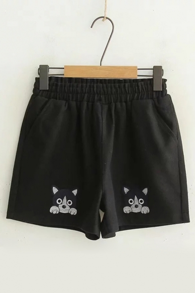 Cute Cartoon Dog Pattern Elastic Waist Loose Fitted Wool Shorts