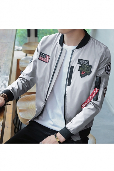 Fashion Logo Applique Stand Collar Long Sleeve Fitted Zip Up Baseball Jacket