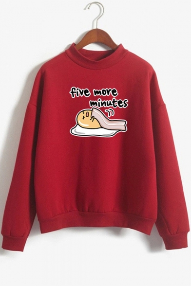Funny Cartoon Letter FIVE MORE MINUTES Printed Long Sleeve Mock Neck Hoodie