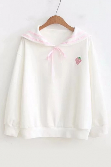 Girls' Striped Sailor Collar Strawberry Embroidered Long Sleeve Sweatshirt