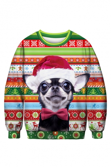 Hot Fashion Christmas Dog Printed Round Neck Long Sleeve Green Sweatshirt