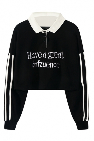 Letter HAVE A GREAT INFLUENCE Printed Polo Collar Long Sleeve Cropped Sweatshirt