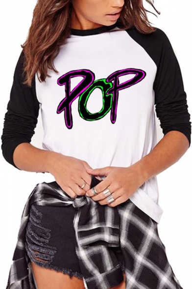 Letter POP Pattern Long Sleeve Two-Tone Colorblock White T-Shirt