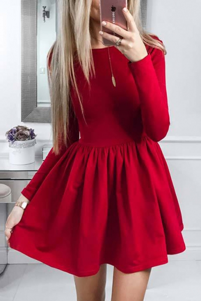 Long Sleeve Round Neck Simple Solid Mini A-Line Dress